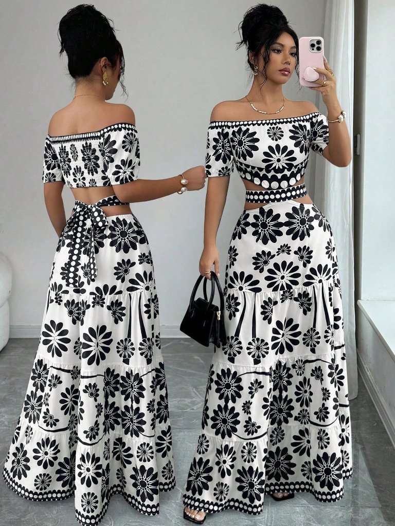 Boho Women's Floral Print Off-Shoulder Short Sleeve Hollow Waist Maxi Dress